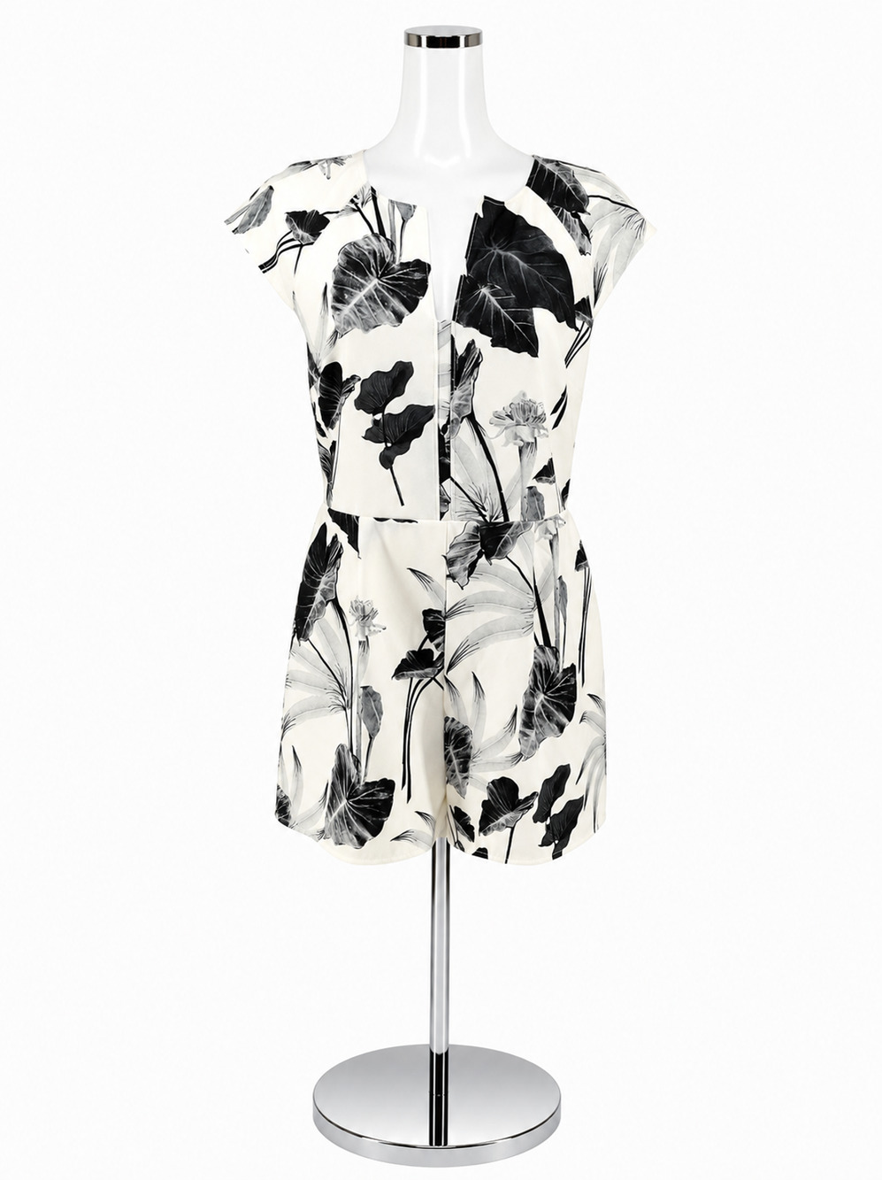 Ark & Co Tropical Leaf Print Cap Sleeve Romper White Charcoal Size Large
